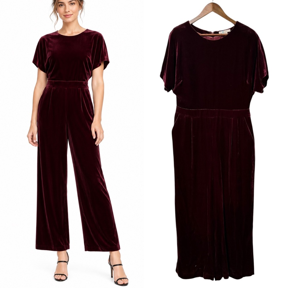Boden Jumpsuit Womens 10R Burgundy Velvet Silk Blend Wide Leg Pockets Holiday